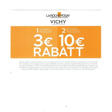 Vichy und LA ROCHE POSAY - beim Kauf von 1 Sonnenprodukt 3€ Rabatt beim Kauf von 2 Sonnenprodukten 1 Vichy und LA ROCHE POSAY - beim Kauf von 1 Sonnenprodukt 3€ Rabatt beim Kauf von 2 Sonnenprodukten 1